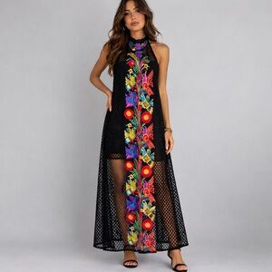 Judith March  Embroidered Bird Halter Dress L  Black Mesh Boho Otomi Style Midi